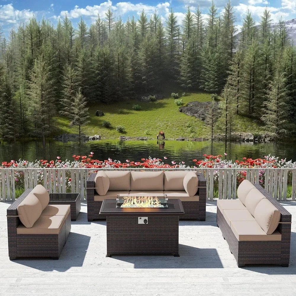 Outdoor Furniture With Fire Pit Table - - Terrassenmöbel-Set mit Propan-Feuerstellentisch, 10-teiliges Gartenmöbel-Gesprächsset