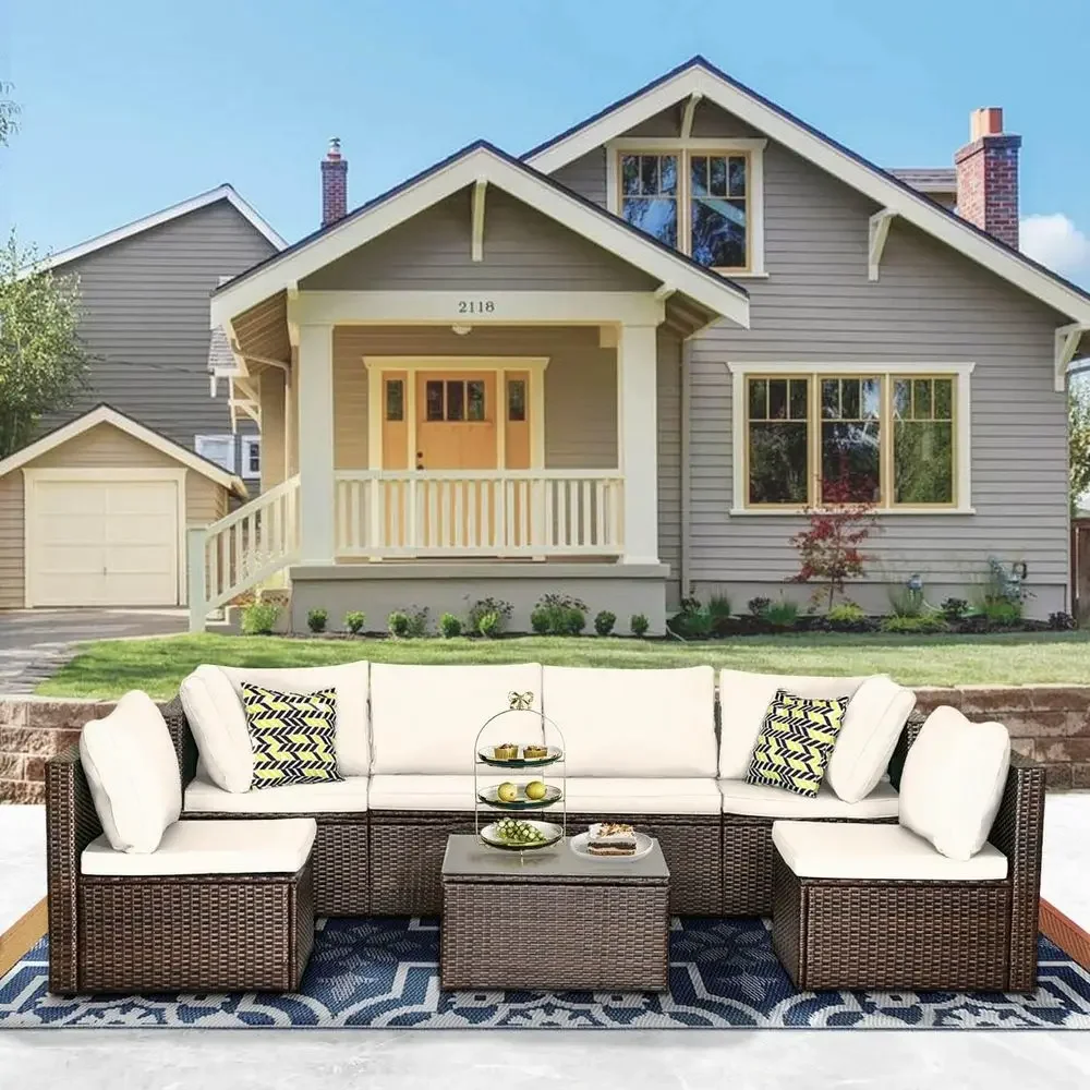 Outdoor Furniture Ofo - 7-teiliges Outdoor-Gartenmöbel-Set aus Korbgeflecht mit Sofa,