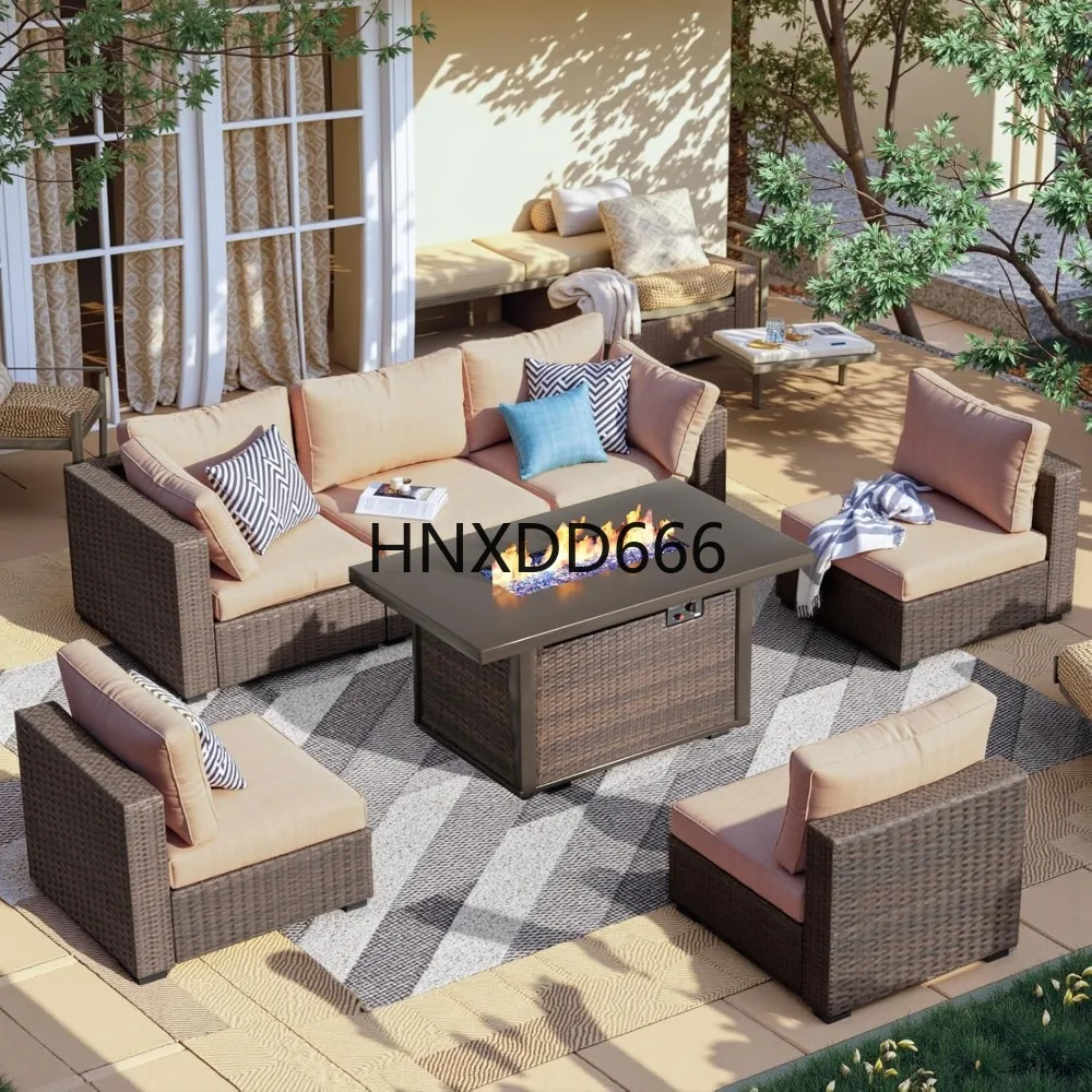 Outdoor Furniture With Fire Pit Table - 7-teiliges Gartenmöbel-Set mit Feuerstelle, Outdoor-Sofa-Garnitur mit