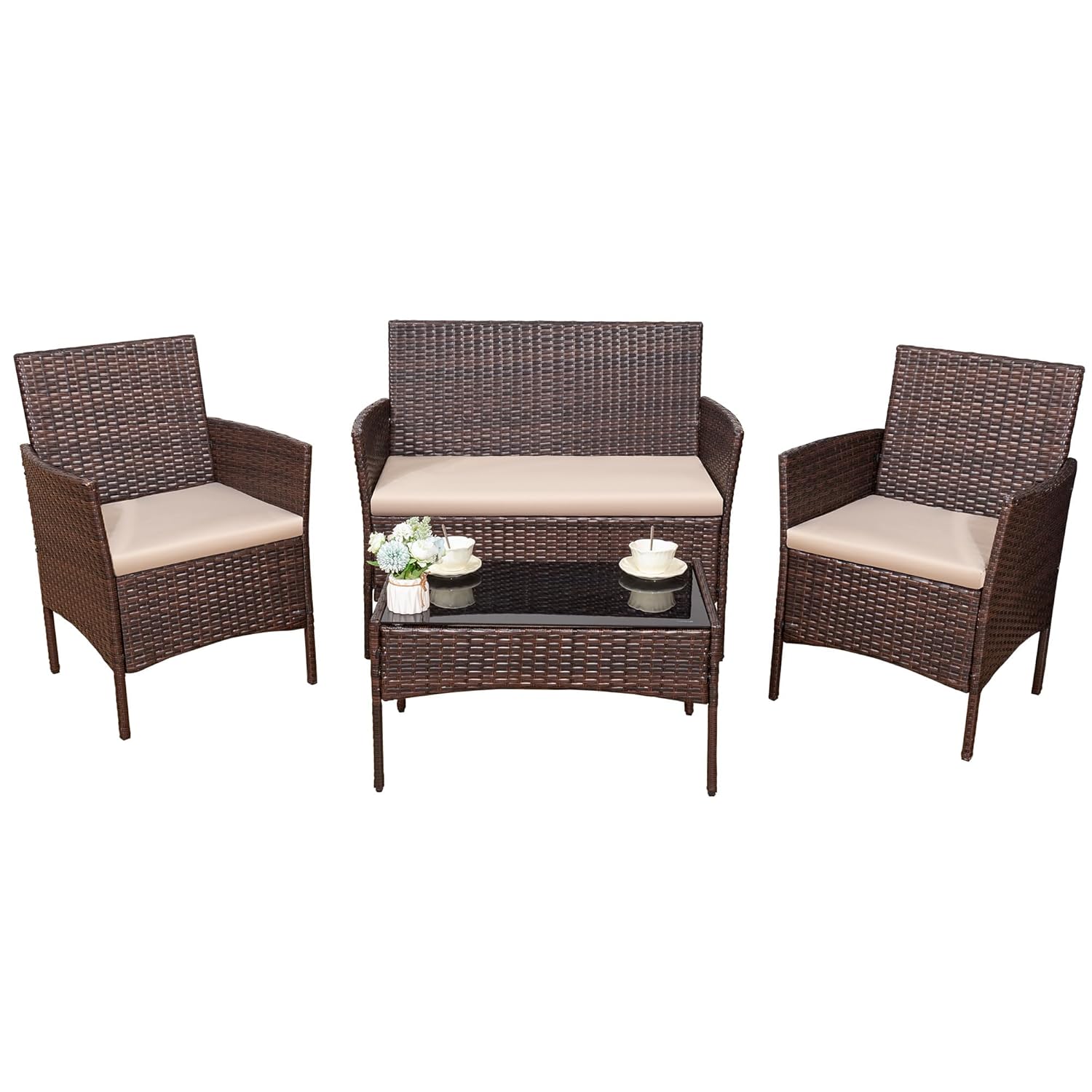 Outdoor Furniture Ofo - 4-teiliges Outdoor-Gartenmöbel-Set, PE-Rattan-Korbstühle für Balkon, Rasen,