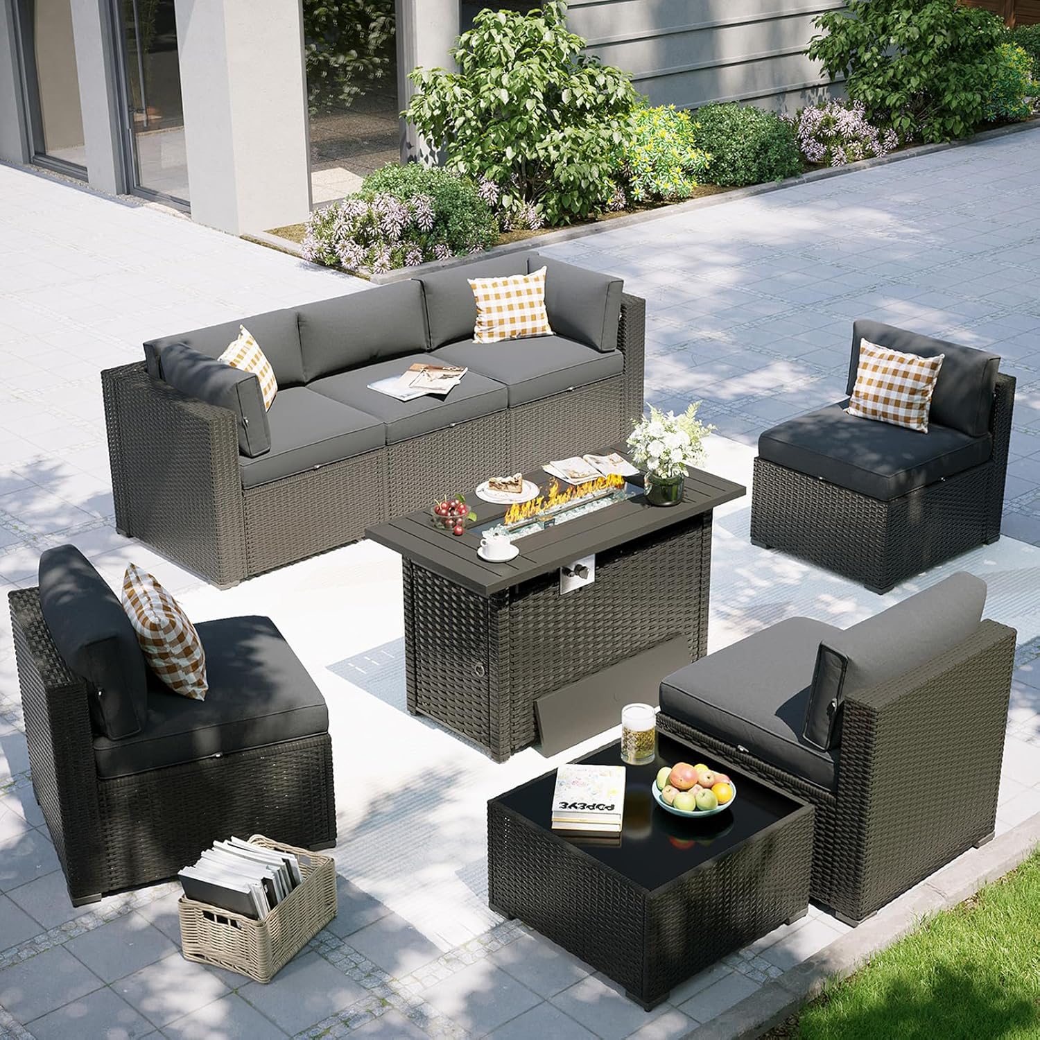 Outdoor Furniture With Fire Pit Table - Terrassenmöbel-Set mit Feuertisch, 8-teilige Outdoor-Sofagarnitur, Rattan-Gartenmöbel,