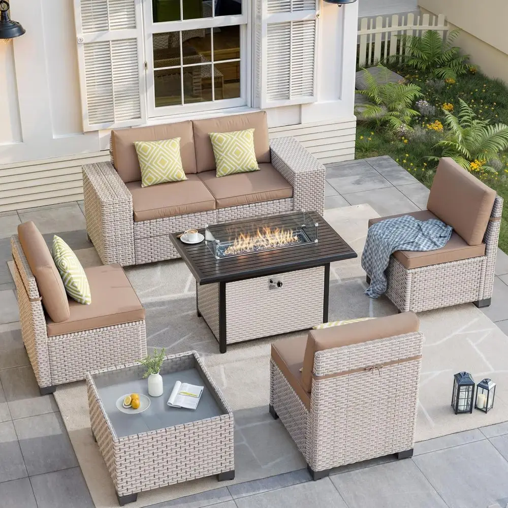 Outdoor Furniture With Fire Pit Table - 7-teiliges Outdoor-Terrassenmöbel-Set mit Feuerstelle, Ecksofa mit