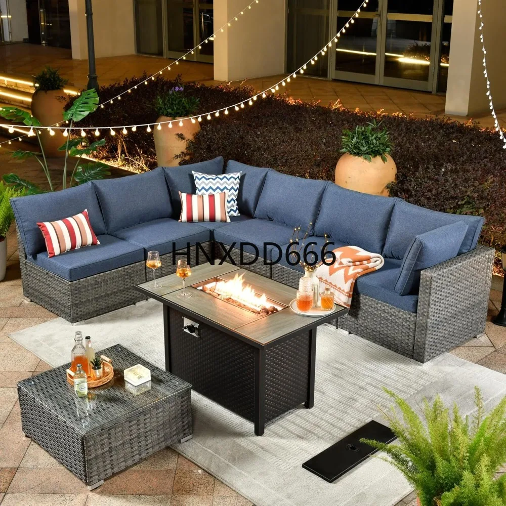 Outdoor Furniture With Fire Pit Table - 8-teiliges Gartenmöbel-Set mit Feuerstelle, Sektionssofa aus