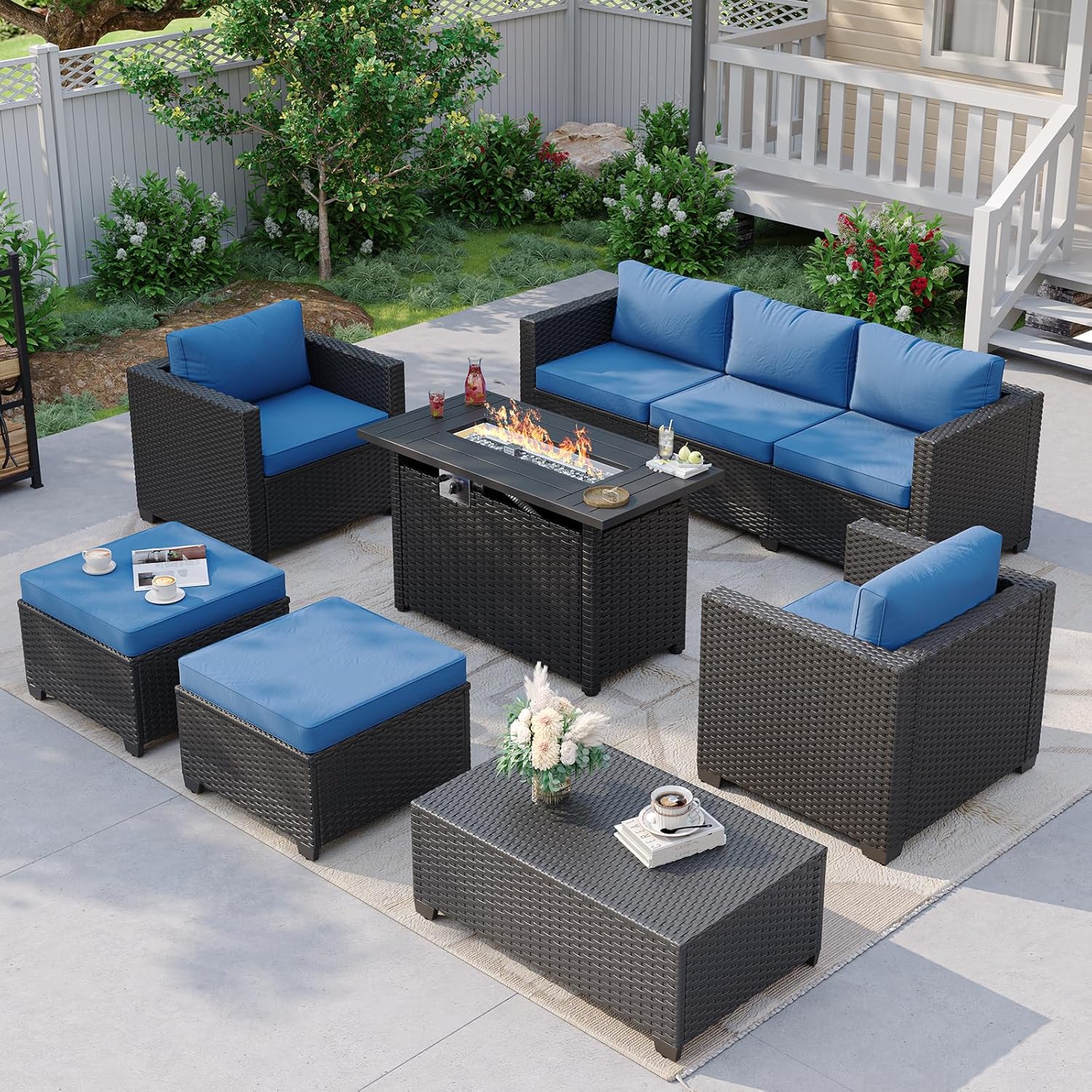 Marineblaues Outdoor-Sofa-Set  – Outdoor Furniture With Fire Pit Table Bewertung und Preis