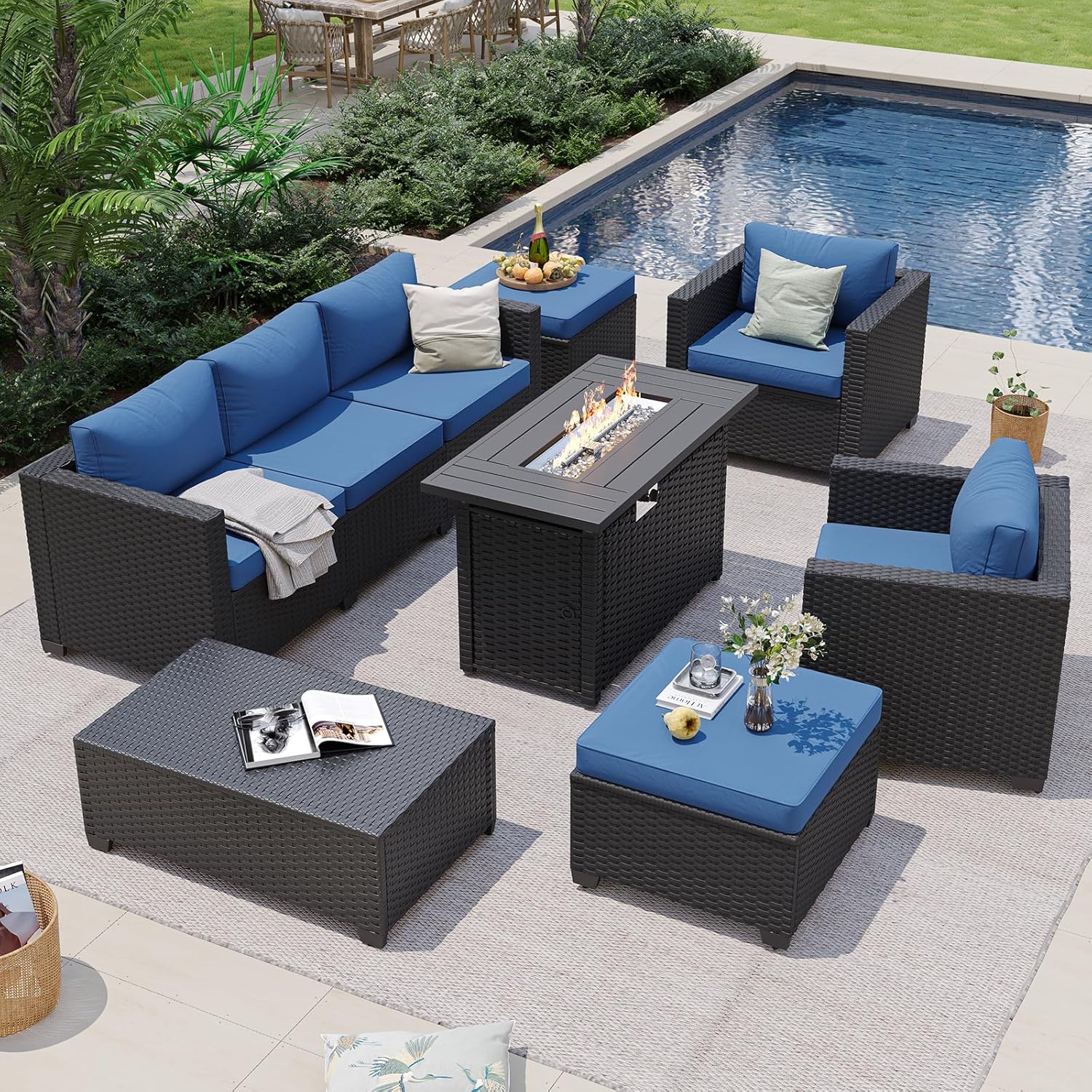 Marineblaues Outdoor-Sofa-Set  – Outdoor Furniture With Fire Pit Table Bewertung und Preis